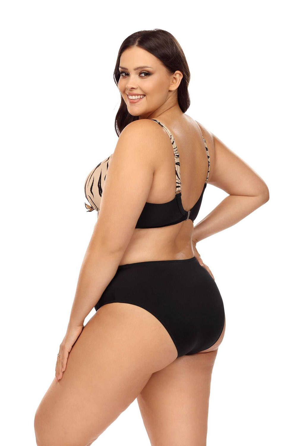 Раздельный купальник plus size с анималистическим принтом на лифе (Размер: 85D/42) (Цвет: бежевый с черным)