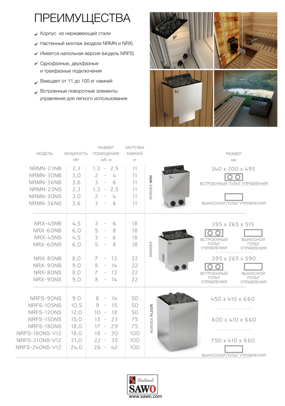 Электрическая печь SAWO SUPER NORDEX FlOOR V12 NRFS-180NS-V12-Z (18 кВт) , выносной пульт (пульт и блок мощности докупаются отдельно)