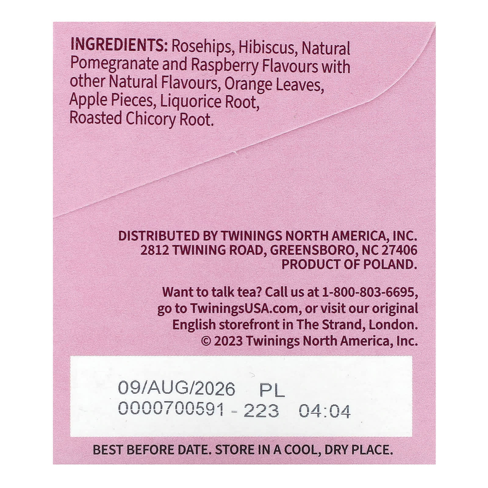 Twinings, травяной чай, гранат и малина, без кофеина, 20 чайных пакетиков, 40 г (1,41 унции)