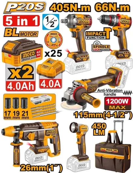 Набор аккумуляторного инструмента INGCO CKLI20595 INDUSTRIAL 20 В 5 шт.