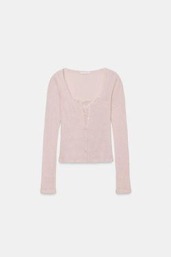ZARA КАРДИГАН С КОНТРАСТНЫМ КРУЖЕВНЫМ ТОПОМ, РОЗОВЫЙ МЕЛАНЖ