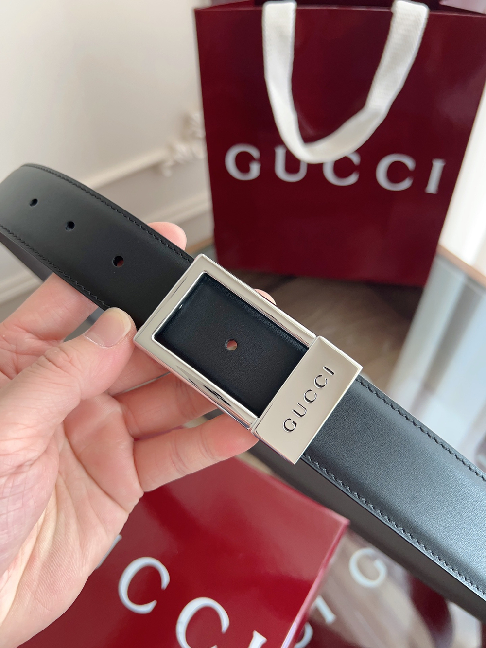 Мужской ремень Gucci с прямоугольной пряжкой 3,5 см — чёрный / коричневый — фото 3