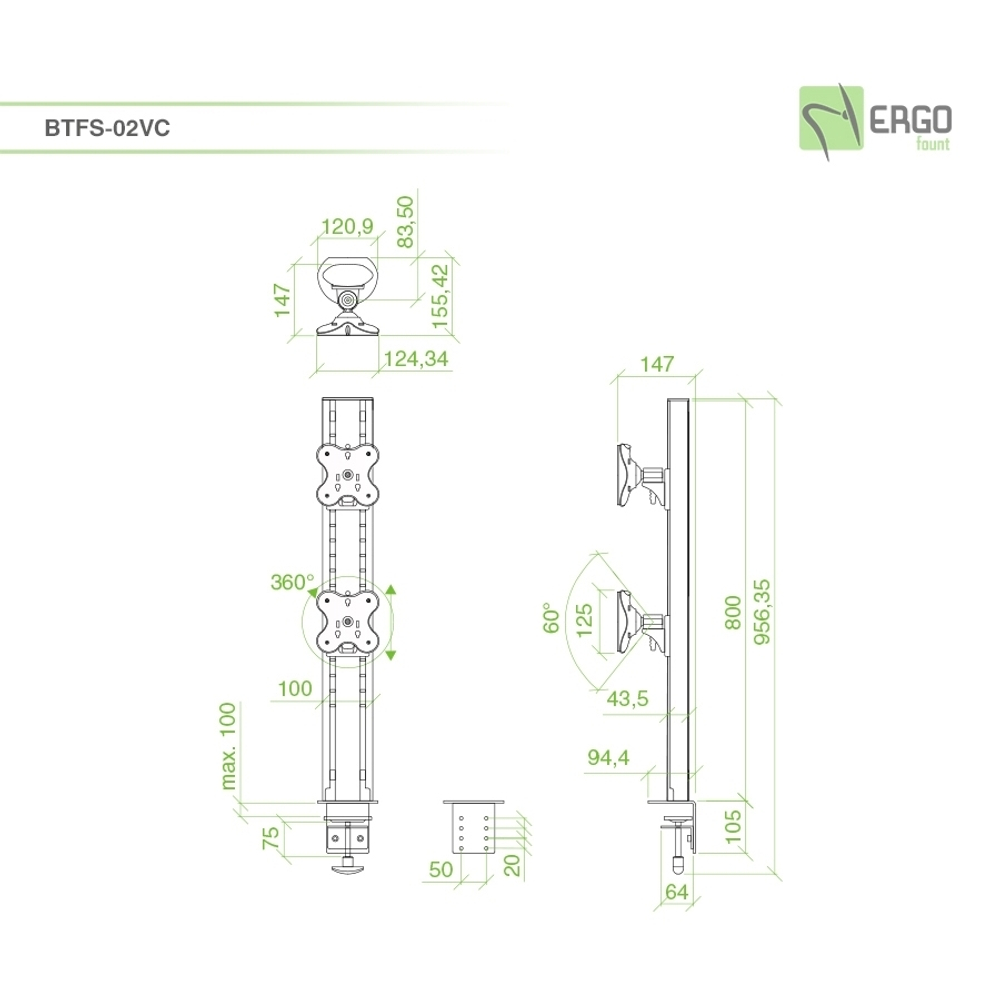 ErgoFount BTFS-02VC Настольное крепление для 2 мониторов диагональю до 30’’ с изменяемой высотой, зажим типа C, макс. нагрузка 24 кг