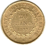 20 франков 1877 год. Франция (Ангел) XF. Золото 900 пробы