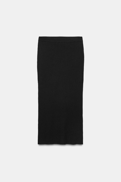 ZARA ТРИКОТАЖНАЯ ЮБКА МИДИ В РУБЧИК, ЧЕРНЫЙ