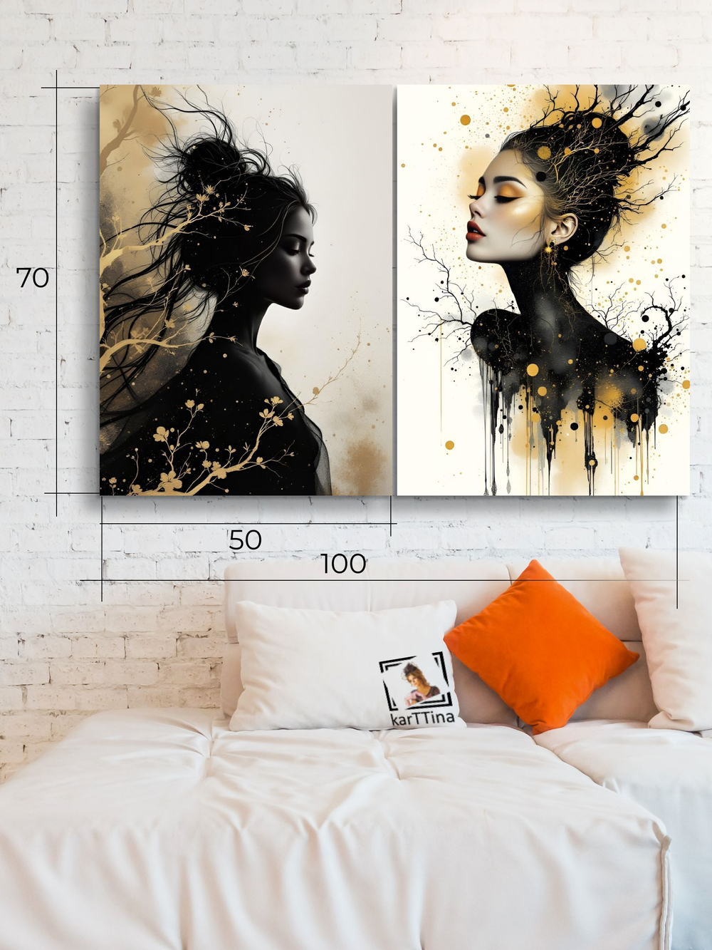 Картина Золотые течения, модульная на стену 50x70см 2шт.