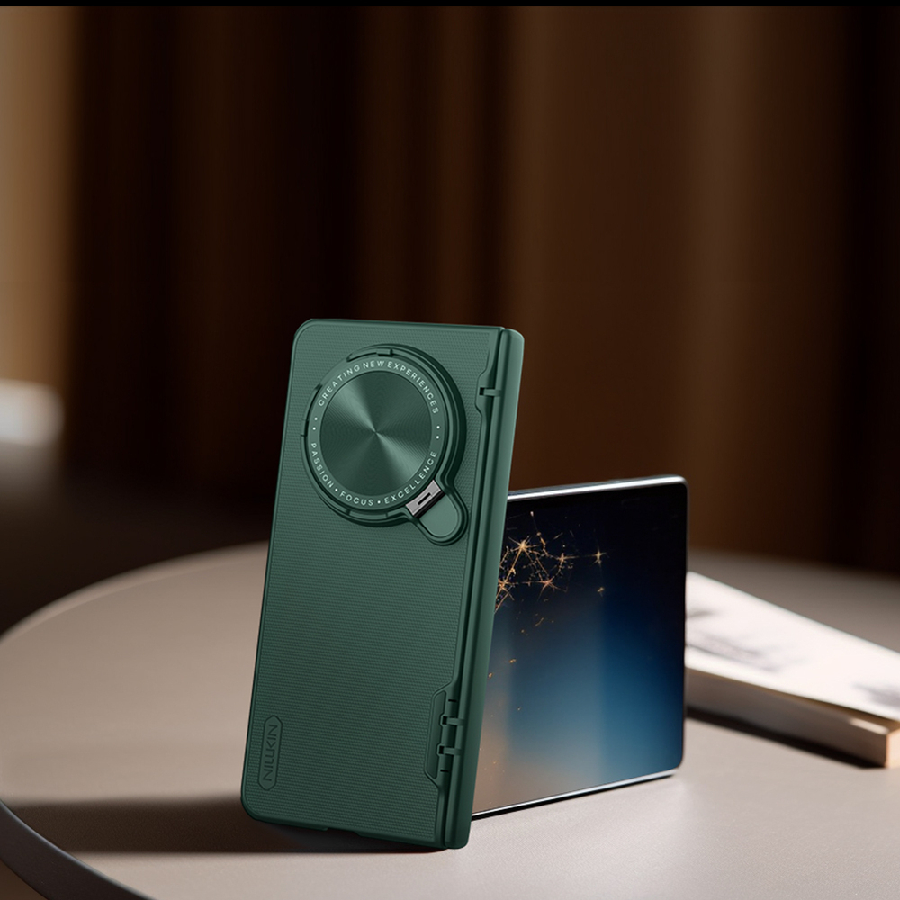 Чехол усиленный зеленого цвета (Dark Green) с откидной защитной крышкой для камеры на OPPO Find N5 от Nillkin, серия Super Frosted Shield Prop