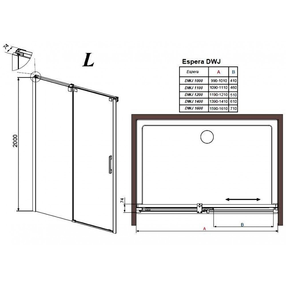 Душевая дверь Radaway Espera DWJ L 140x195 см. левая, профиль хром, стекло прозрачное 380114-01L схема