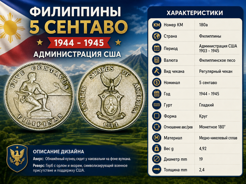 Филиппины 5 сентаво, 1944 Администрация США VF