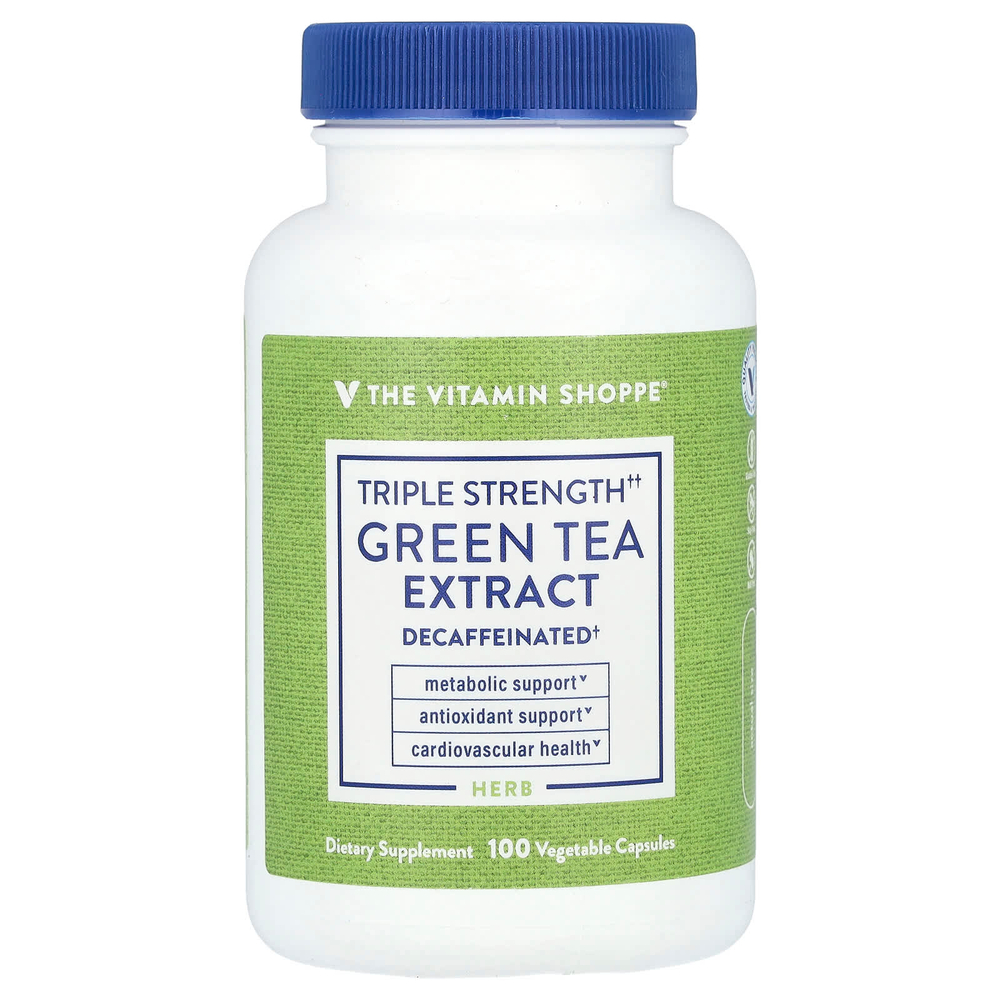 The Vitamin Shoppe, Экстракт зеленого чая, тройная сила действия, без кофеина, 100 растительных капсул (750 мг на капсулу)
