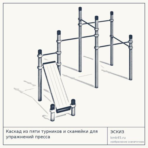 Каскад из пяти турников и скамейки для упражнений пресса