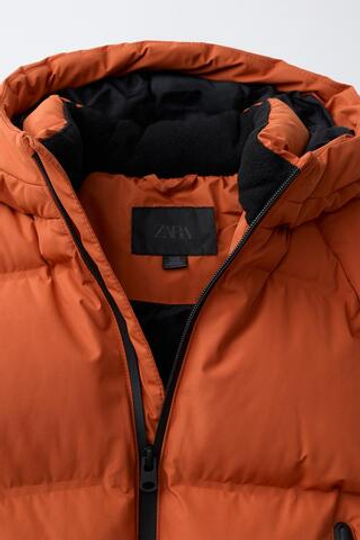 ZARA СТЕГАНОЕ ПАЛЬТО WATER REPELLENT С КАПЮШОНОМ, МЯГКИЙ ОРАНЖЕВЫЙ