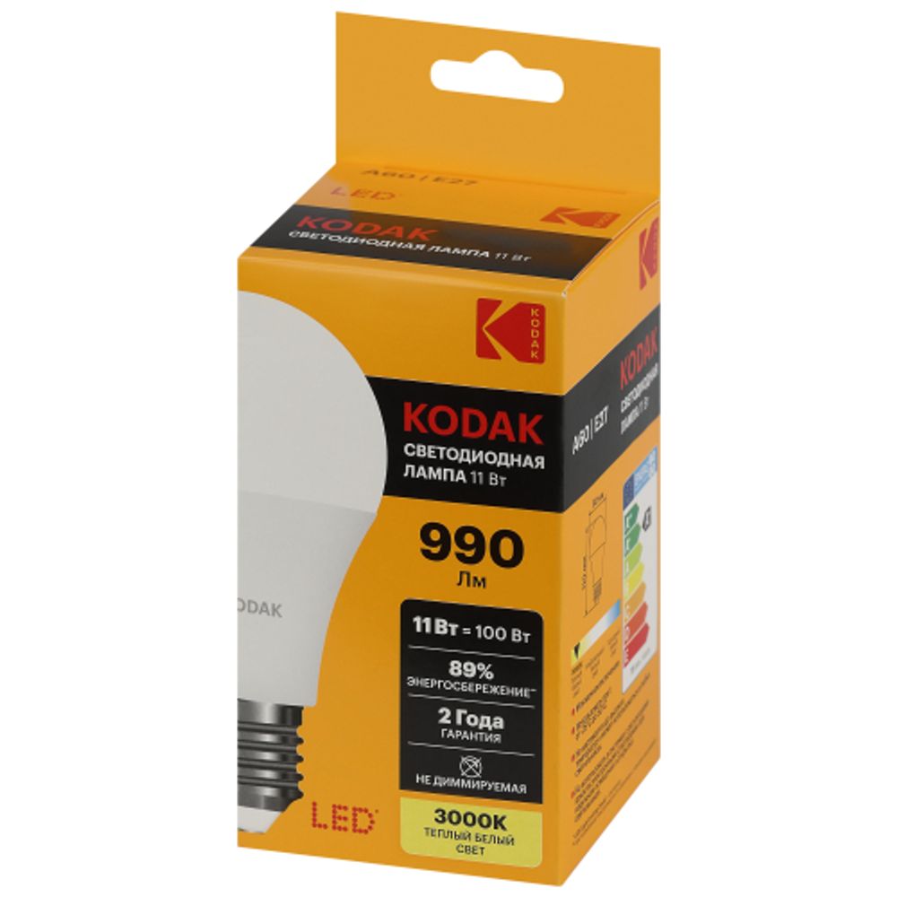 Лампа светодиодная Kodak LED A60-11W-830-E27 K 11Вт груша теплый белый свет Е27 | Лампы cветодиодные Груша (A)