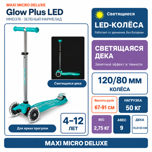 Самокат Maxi Micro Deluxe Glow Plus (светящийся) LED зеленый мармелад
