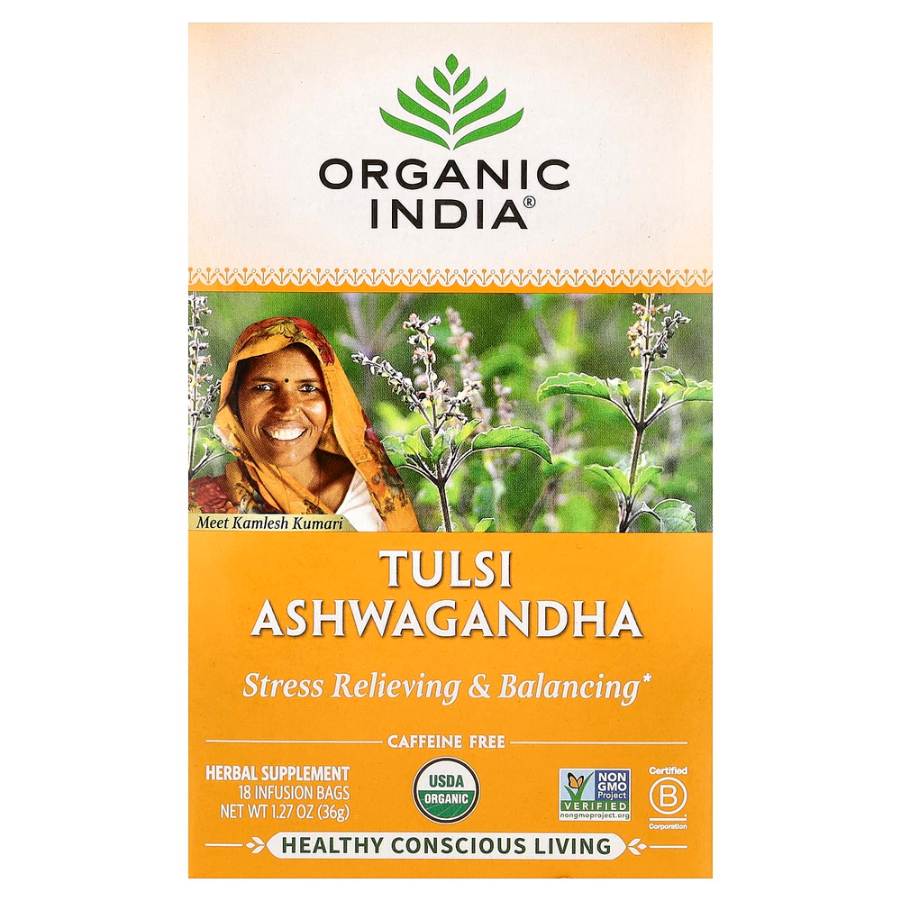 Organic India, чай с тулси и ашвагандой, без кофеина, 18 пакетиков для заваривания, 36 г (1,27 унции)