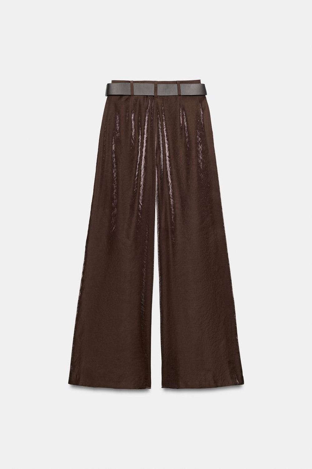 ZARA ШИРОКИЕ АТЛАСНЫЕ БРЮКИ С РЕМНЕМ, КОРИЧНЕВЫЙ