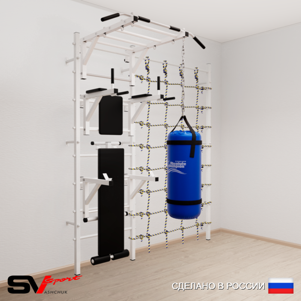 Шведская стенка Sv Sport усиленная 62620 (Турник рукоход/Брусья/Стойка/Скамья/Цепь/Мешок 22кг/Канатный лаз)