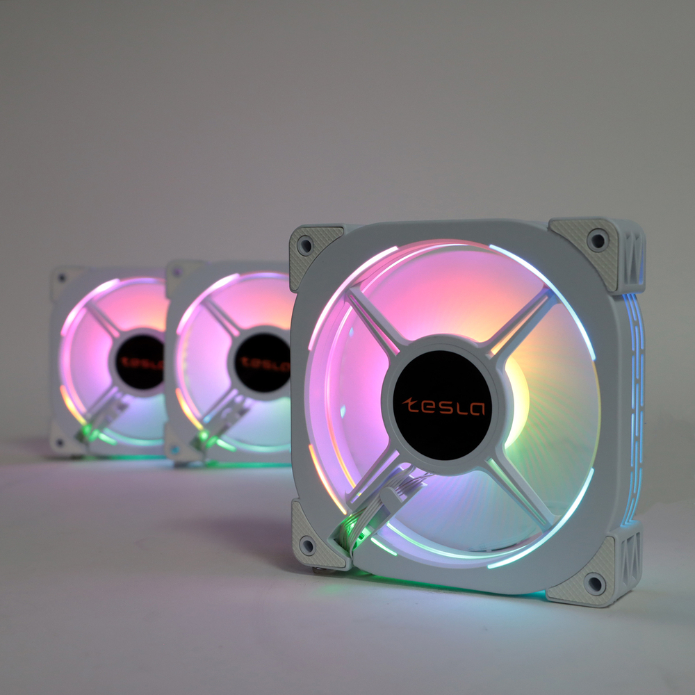 Комплект из 3 вентиляторов ТЕСЛА (TESLA) RGB120-XW3, 120мм, Molex, белый/RGB, 1200rpm, 38CFM, 21дБ, антивибропрокладки, бесконечное зеркало, изменение скорости анимации подсветки (TSL-120-XW3)