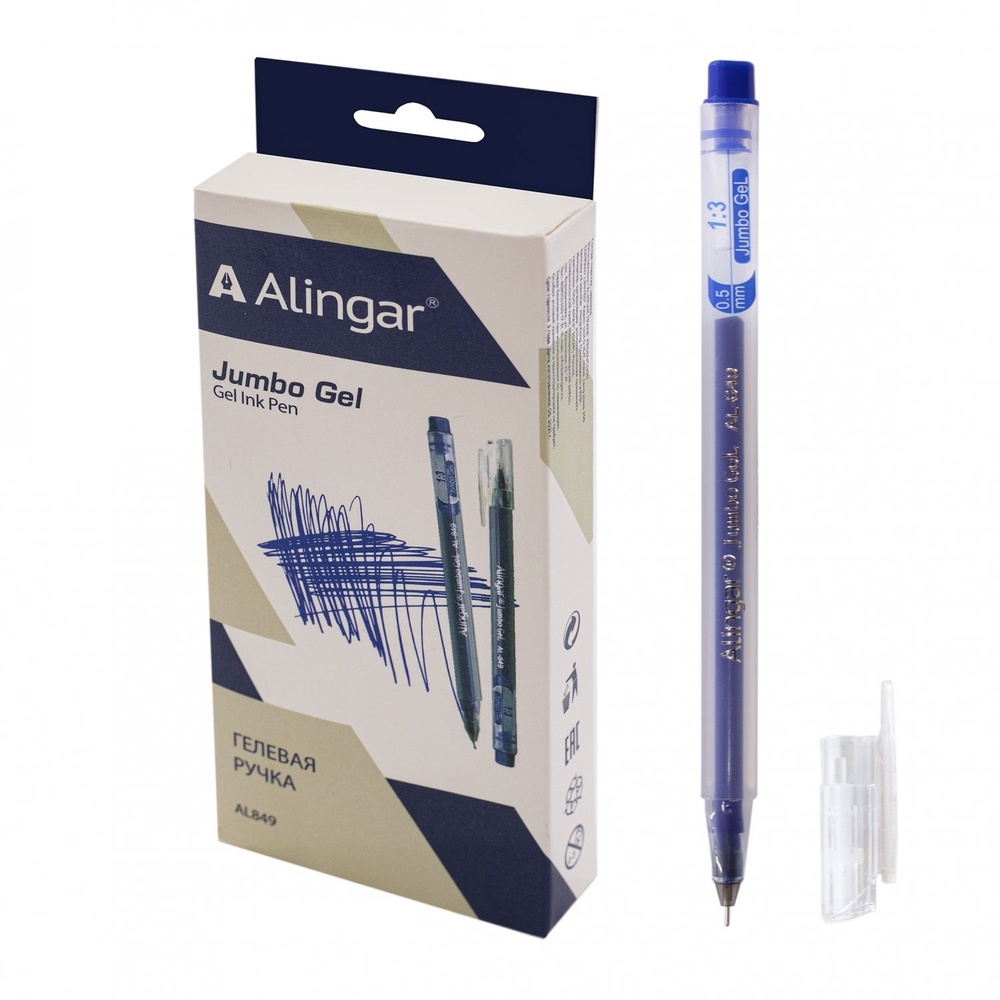 Ручка гелевая Alingar, "Jumbo GeL", 0,5 мм, синяя, игольчатый наконечник, трехгранный, прозрачный, пластиковый корпус, карт. уп.
