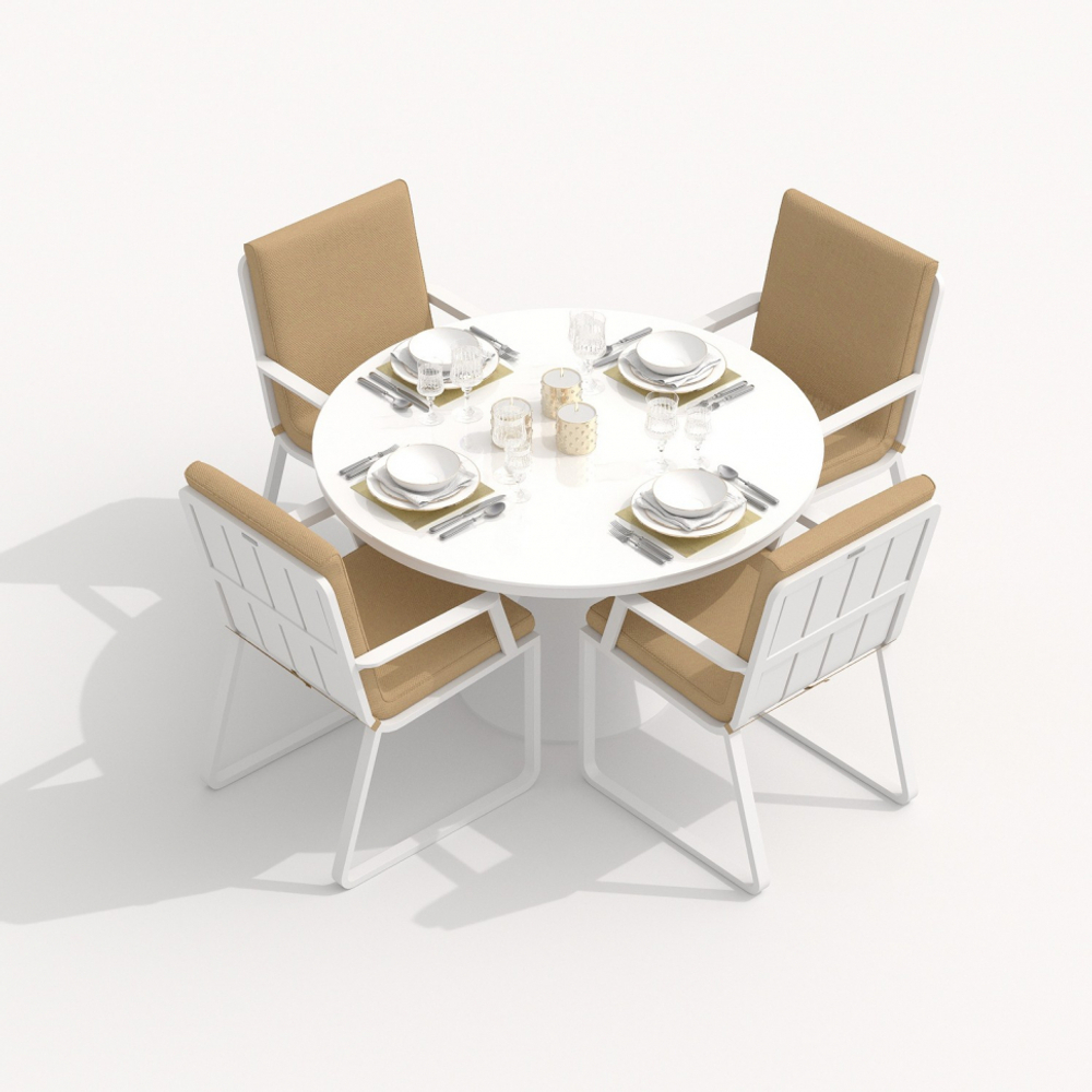 Обеденная группа Ideal Patio ДИВА АЛЬБА  каркас белый, стол стекло диа 110, ткань бежевая