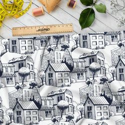 Ткань барби карандашные дома на белом фоне