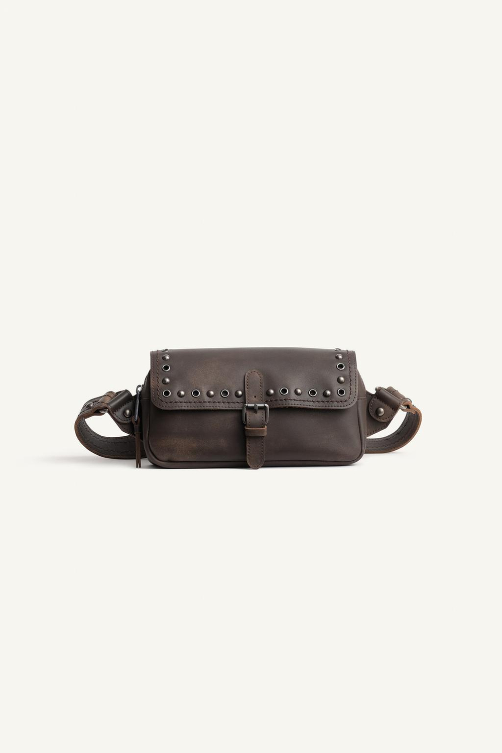 ZARA КОЖАНАЯ СУМКА НА РЕМНЕ С ЗАКЛЕПКАМИ, КОРИЧНЕВЫЙ