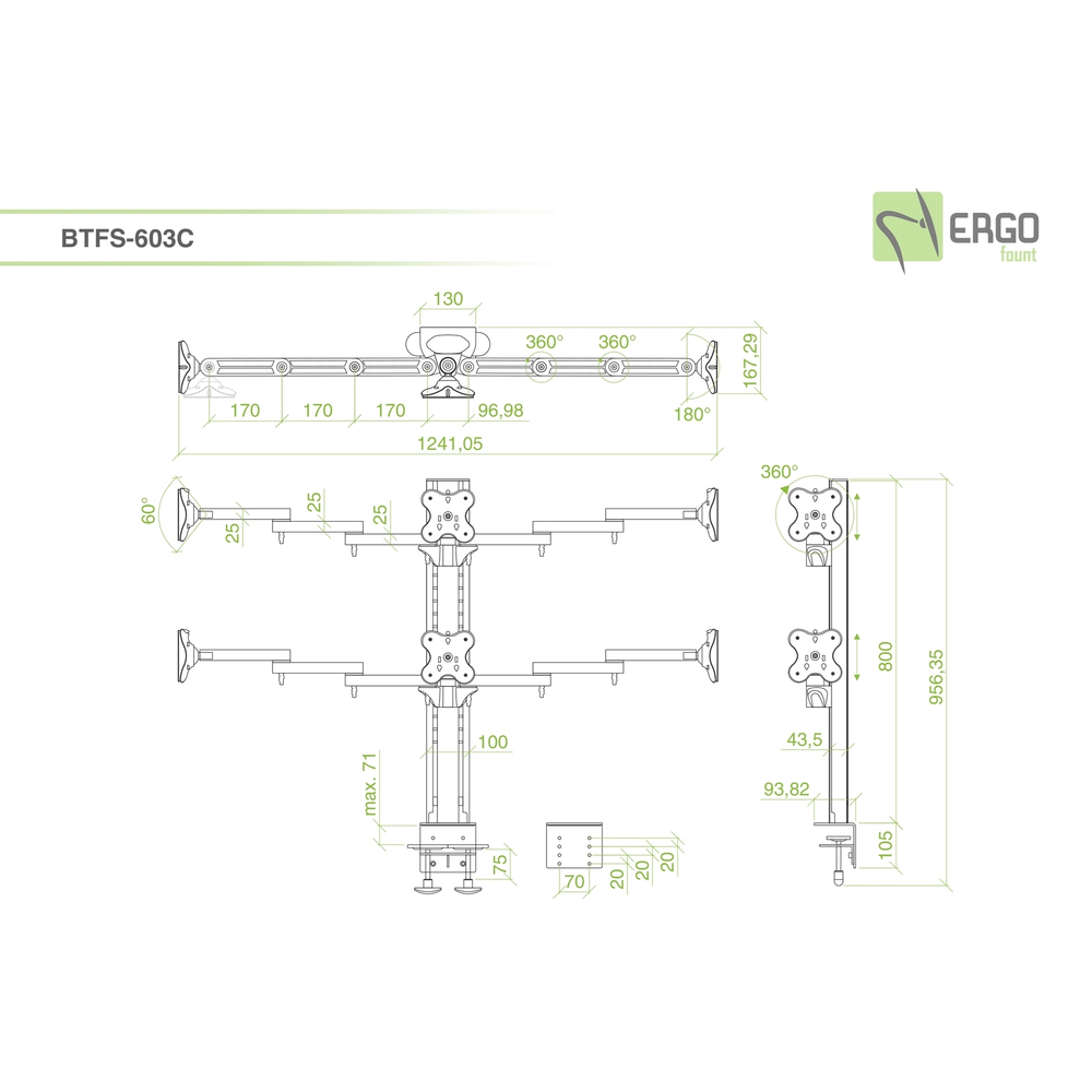 ErgoFount BTFS-603C Настольное крепление для 6 мониторов диагональю до 24'', четыре из которых на шарнирных трехколенных вылетах с конфигурацией 2х3 и зажимом к столу типа "С". Цвет - серебристый