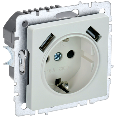 BRITE Розетка 1-местная с заземлением с защитными шторками 16А с USB A+A 5В 3,1А РЮш10-2-БрЖ жемчуг IEK