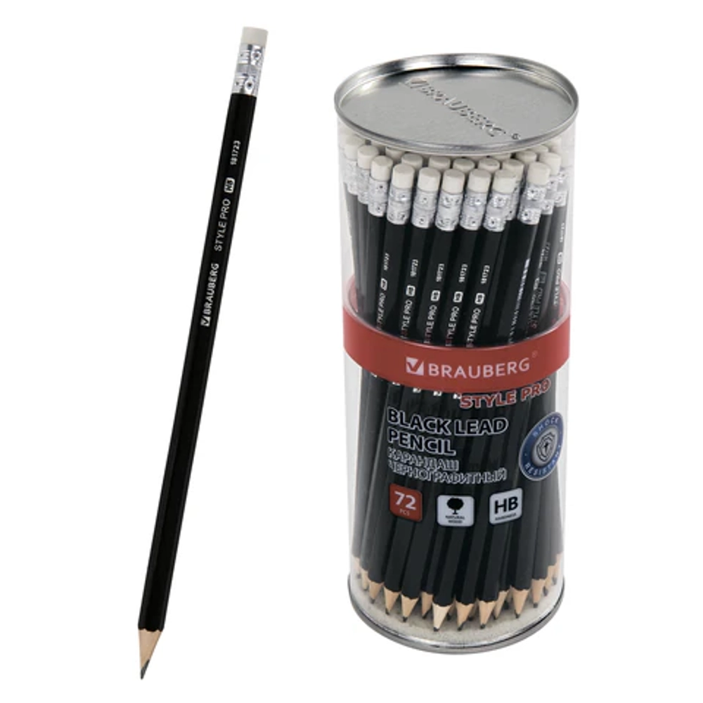 Карандаш чернографитный BRAUBERG "Style PRO", 1 шт., HB, с ластиком, корпус черный