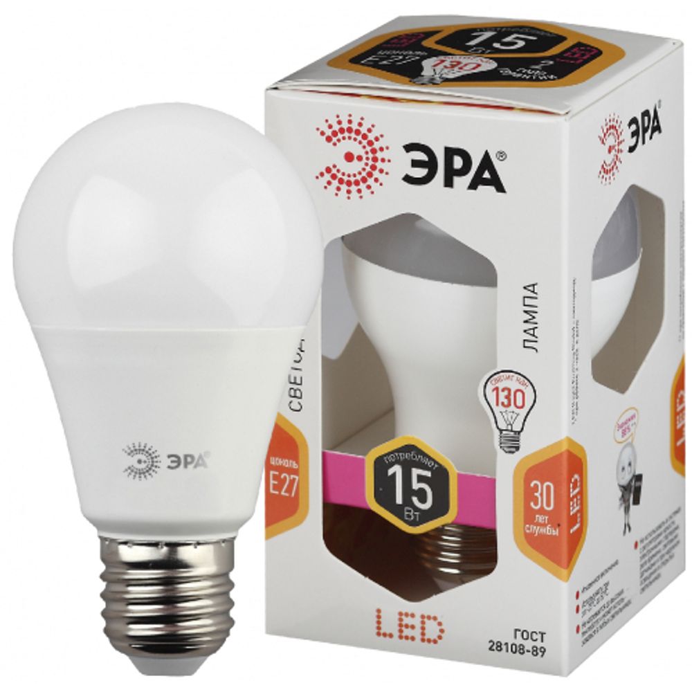 Лампа светодиодная ЭРА STD LED A60-15W-827-E27 15Вт груша теплый белый свет Е27 | Лампы cветодиодные Груша (A)