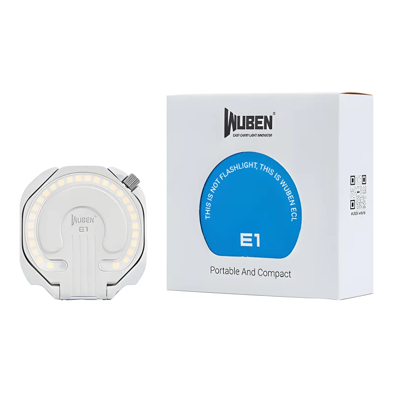 Фонарь для смартфона Wuben E1, белый - вид спереди рядом с фирменной коробкой