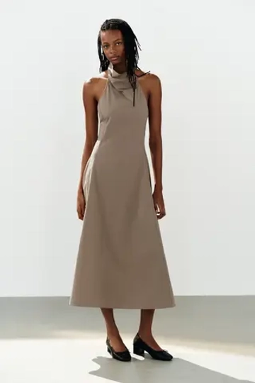 ZARA ПЛАТЬЕ МИДИ С ГОРЛОВИНОЙ ХАЛТЕР И ПРЯЖКОЙ, СЕРОВАТО-КОРИЧНЕВЫЙ