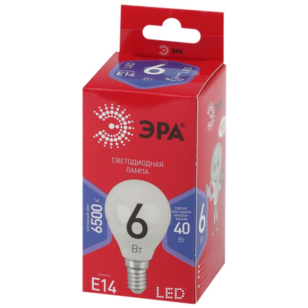Лампа светодиодная ЭРА RED LINE LED P45-6W-865-E14 R 6Вт шар холодный дневной свет E14 | Лампы cветодиодные Шар (G/P)