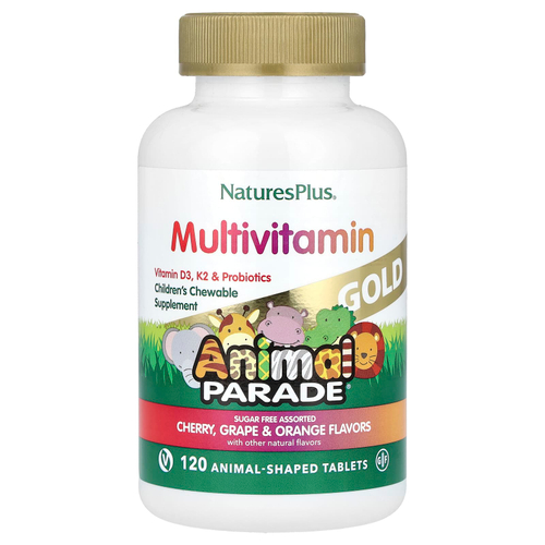 NaturesPlus, Animal Parade® Gold, жевательные мультивитамины для детей, со вкусом вишни, винограда и апельсина, 120 таблеток в форме животных