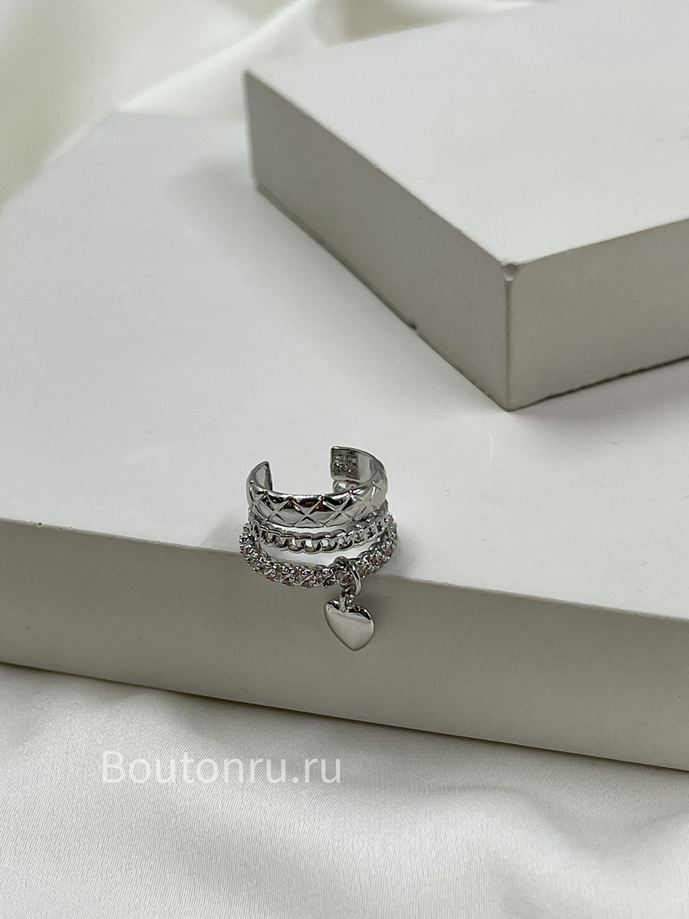 Кафф тройной с сердцем серебристый