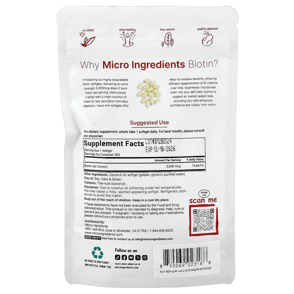 Micro Ingredients, Биотин, 5000 мкг, 365 капсул