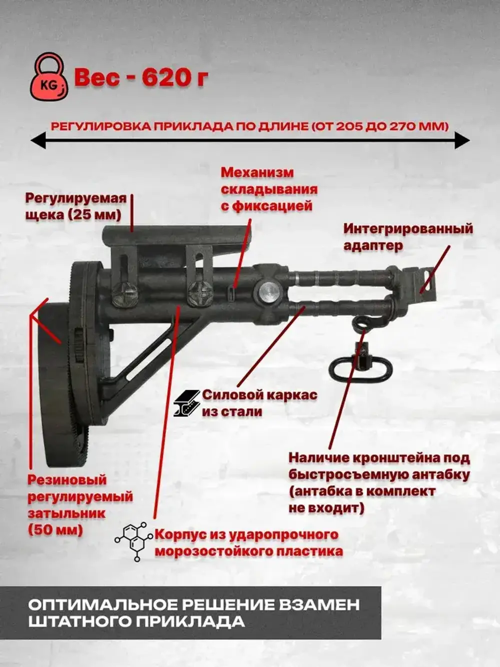 Приклад складной телескопический на АК-74М, АК-100...105, Сайга (АСПАК.74.010.00) ОТК