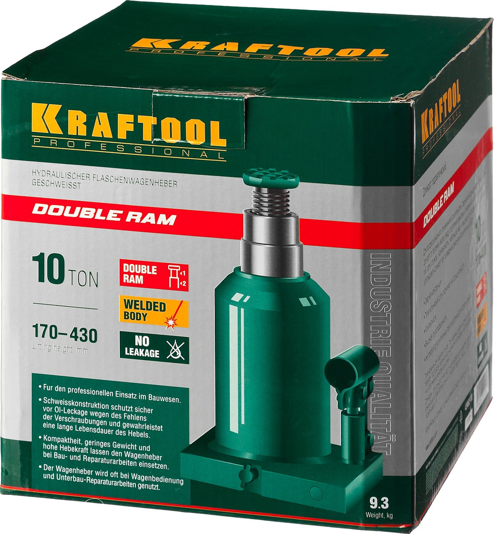 KRAFTOOL DOUBLE RAM, 10 т, 170 - 430 мм, с увеличенным подъемом, двухштоковый бутылочный домкрат (43463-10)