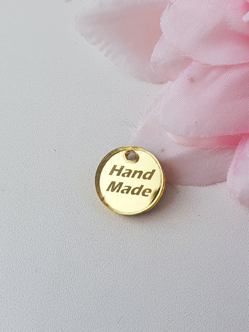 Бирка круглая "Hand made" d 16 мм. толщина 1,5 мм, Золото, орг. стекло, зеркало
