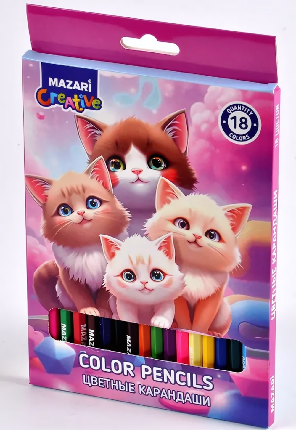Карандаши 18цв. "Кошки" d грифеля=2,65мм. дерев. шестигран. коробка (Mazari)