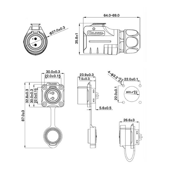 Водонепроницаемый разъем CNLINKO LP20 3-pin 20A Male+Female (IP68)