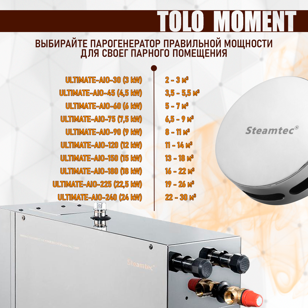 Steamtec TOLO MOMENT 180 - 18 кВт парогенераторы для хамама и турецкой бани / Серия PLATINUM со встроенной музыкой, пультом на 9-ти языках и возможностью монтажа без термодатчиков
