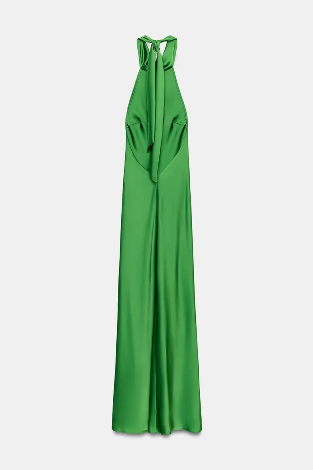 ZARA ДЛИННОЕ АТЛАСНОЕ ПЛАТЬЕ С ЗАВЯЗКАМИ, ИЗУМРУДНЫЙ