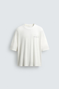 ZARA ФУТБОЛКА ИЗ ХЛОПКА И ЛЬНА С ЭФФЕКТОМ ПОТЕРТОСТИ, БЕЛЫЙ
