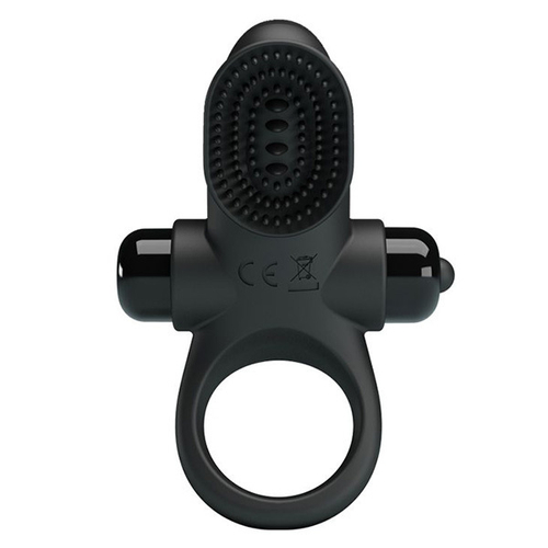 Черное эрекционное виброкольцо с клиторальной щеточкой Pretty Love Vibrant Penis Ring II BI-210205