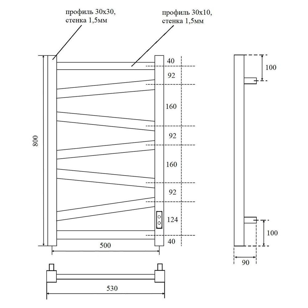 Полотенцесушитель электрический Point Феникс PN15858W П7 500x800, диммер справа, белый схема