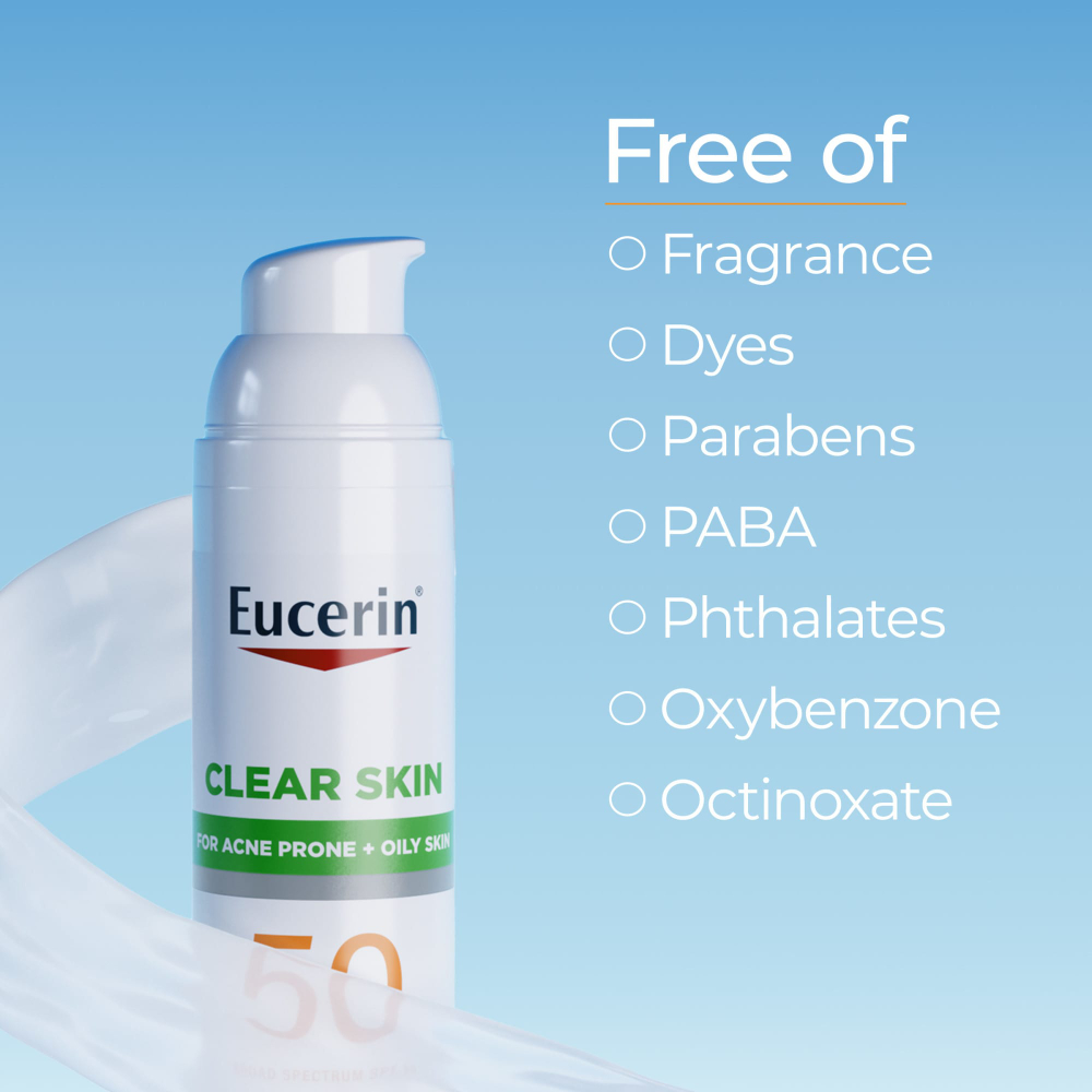 Eucerin, Clear Skin, легкий солнцезащитный лосьон для лица, SPF 50, без отдушек, 75 мл (2,5 жидк. унции)