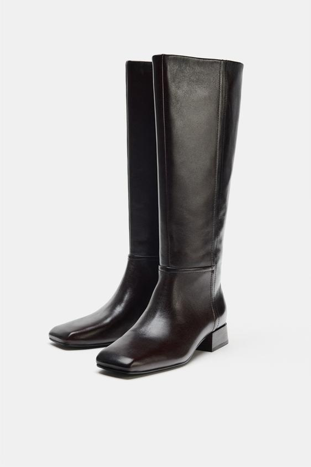 ZARA КОЖАНЫЕ САПОГИ С КВАДРАТНЫМ МЫСОМ — LIMITED EDITION, КОРИЧНЕВЫЙ