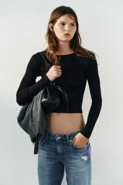 ZARA ХЛОПКОВАЯ ФУТБОЛКА С ДЛИННЫМИ РУКАВАМИ, ЧЕРНЫЙ