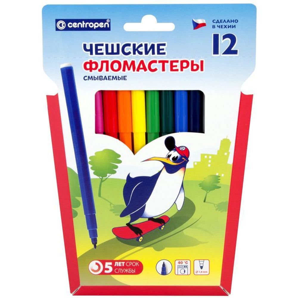 Фломастеры 12цв., смываемые "Пингвины" (Centropen)